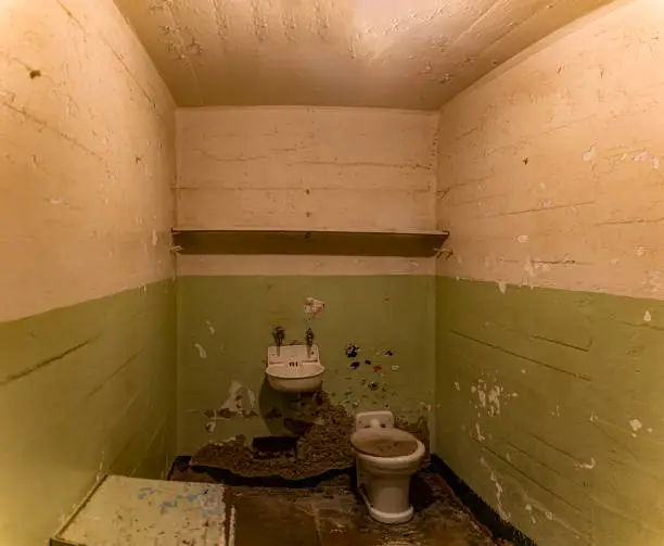 Photo of Cell of the maximum security federal prison of Alcatraz, located on an island in the middle of San Francisco Bay, California, USA.