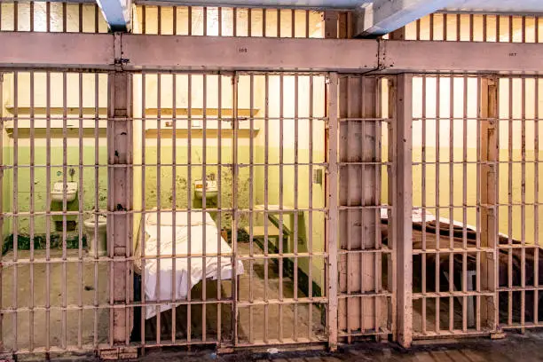 Photo of Cells of one of the modules and blocks of the maximum security federal prison of Alcatraz, located on an island in the middle of the San Francisco Bay, California, USA.