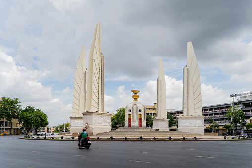 A general view of Democracy Monument in Bangkok, Thailand. The landmark has become a key location of protest and demonstration in student-lead, pro-democracy movements in Thailand.