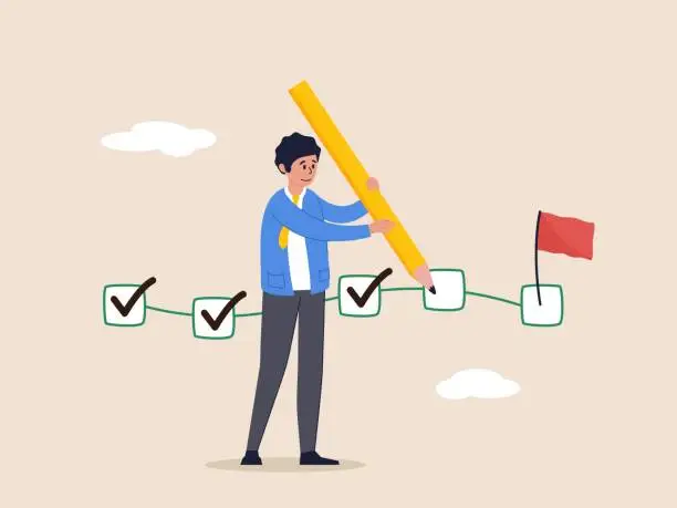Vector illustration of Task completion concept. Project tracking, goal tracker, checklist to remind project progress, businessman project manager holding big pencil to check completed tasks in project management timeline.
