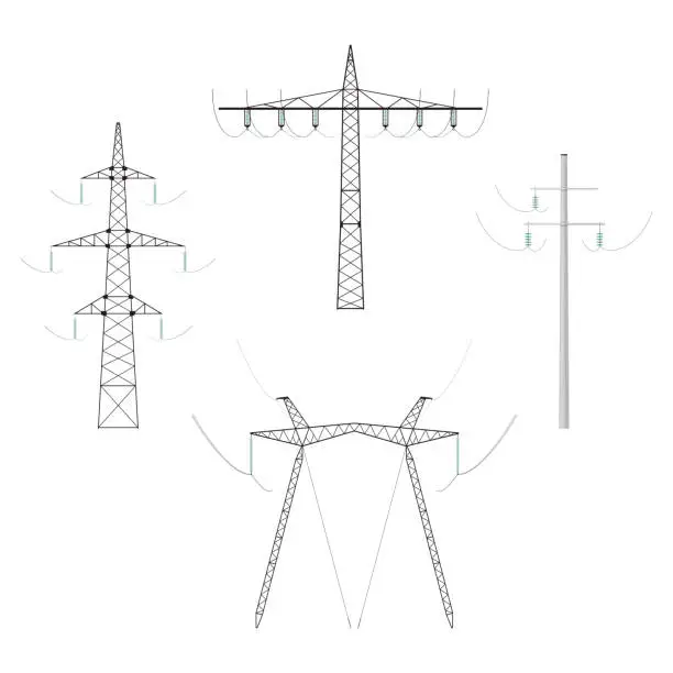 Vector illustration of High voltage power line tangent towers electric pylons power transmission poles set realistic vector