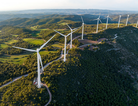 Aerial view of wind turbines in eolic park, Catalonia, Spain