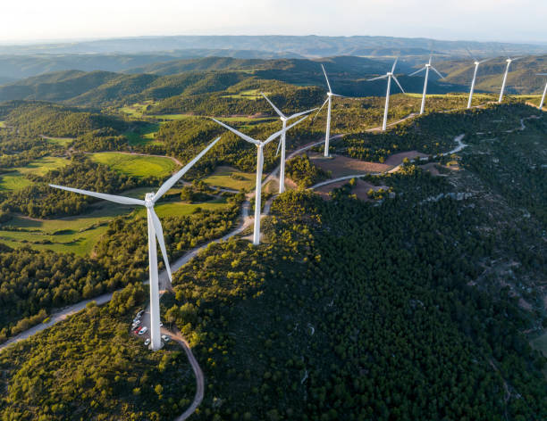 wind turbine in Spain Aerial view of wind turbines in eolic park, Catalonia, Spain renewable energy stock pictures, royalty-free photos & images