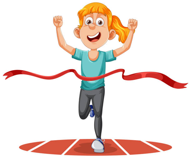 ilustrações de stock, clip art, desenhos animados e ícones de energetic runner girl crossing the finish line - finish line running aspirations cartoon