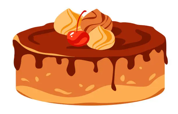 Vector illustration of Chocolate cake with a cherry. Vector illustration of a sweet dessert. Homemade cakes.