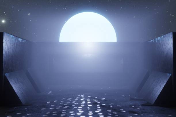 istock 3d Render, Scifi Futuristic night post apocalyptic scenario with abstract alien landscape and moonlight glow in neon light. 1498886720