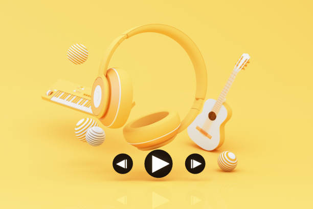 istock Headphones and smartphone with music notes floating on yellow background surrounded by Speaker with musical instruments. concept of fun song or music festival. 3d render illustration cartoon style 1498886817