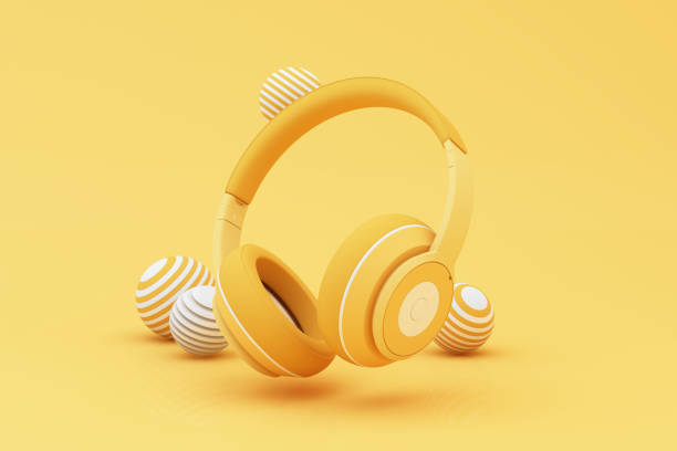 istock Headphones and smartphone with music notes floating on yellow background surrounded by Speaker with musical instruments. concept of fun song or music festival. 3d render illustration cartoon style 1498886860
