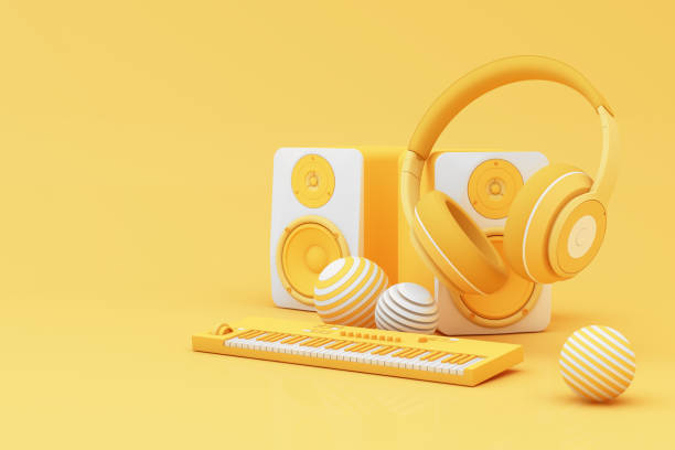 istock Headphones and smartphone with music notes floating on yellow background surrounded by Speaker with musical instruments. concept of fun song or music festival. 3d render illustration cartoon style 1498886877