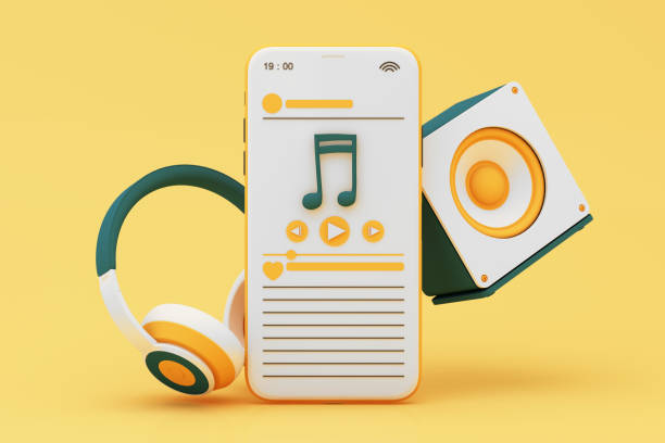 istock Headphones and smartphone with music notes floating on yellow background surrounded by Speaker with musical instruments. concept of fun song or music festival. 3d render illustration cartoon style 1498886904