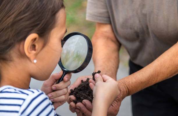 The child examines the soil with a magnifying glass. Selective focus. Kid.