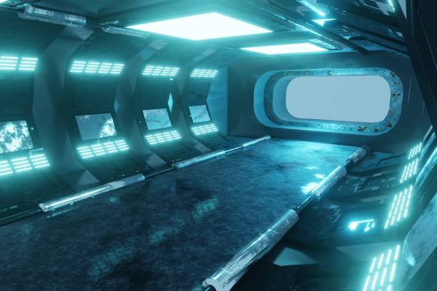 istock 3d Render, Scifi Futuristic night post apocalyptic scenario with abstract alien landscape and moonlight glow in neon light. 1498887113