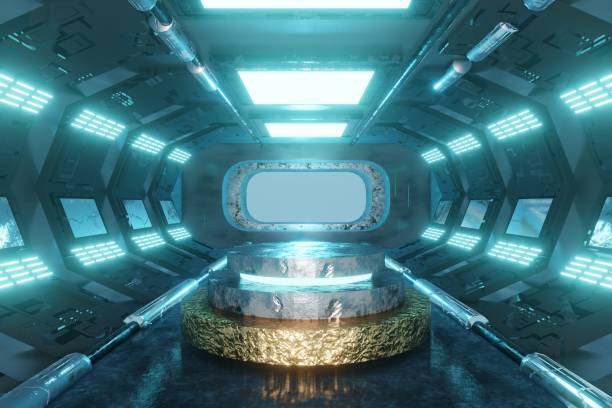 istock 3d Render, Scifi Futuristic night post apocalyptic scenario with abstract alien landscape and moonlight glow in neon light. 1498887117