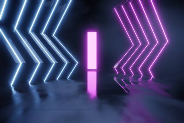 istock 3d Render, Scifi Futuristic night post apocalyptic scenario with abstract alien landscape and moonlight glow in neon light. 1498887177