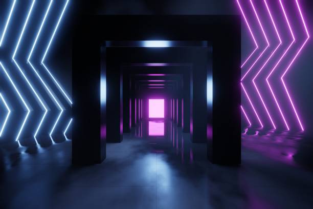 istock 3d Render, Scifi Futuristic night post apocalyptic scenario with abstract alien landscape and moonlight glow in neon light. 1498887211