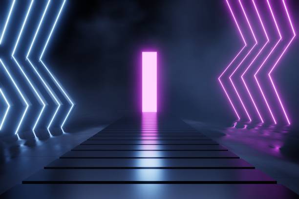 istock 3d Render, Scifi Futuristic night post apocalyptic scenario with abstract alien landscape and moonlight glow in neon light. 1498887234