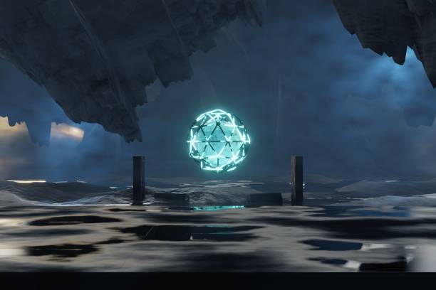 istock 3d Render, Scifi Futuristic night post apocalyptic scenario with abstract alien landscape and moonlight glow in neon light. 1498887347