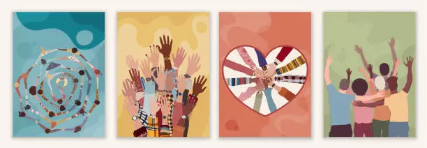 Vector illustration of Volunteer people group concept banner brochure poster editable template. Raised hands multicultural people.Diverse people holding hands in a circle.Solidarity.NGO Aid concept.Heart shape