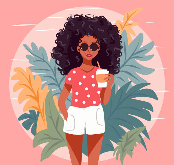 illustrations, cliparts, dessins animés et icônes de emploi de barista dans le concept de café. une jeune barista afro élégante se lève et sourit tout en tenant une tasse de café et des boissons pour une illustration vectorielle client dans un style exotique tropical - coffee coffee cup love cappuccino