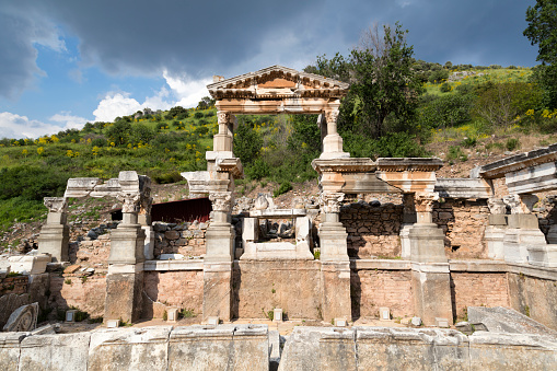 The Trajan's Fountain at the Ephesus Ancient City, built between 102 and 104 AD. The Trajan Fountain was built to honor the Roman Emperor Trajan.