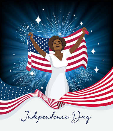 American Flag. Happy Independence Day. Colorful fireworks. Fourth of July. African American Woman Carrying USA Flag.