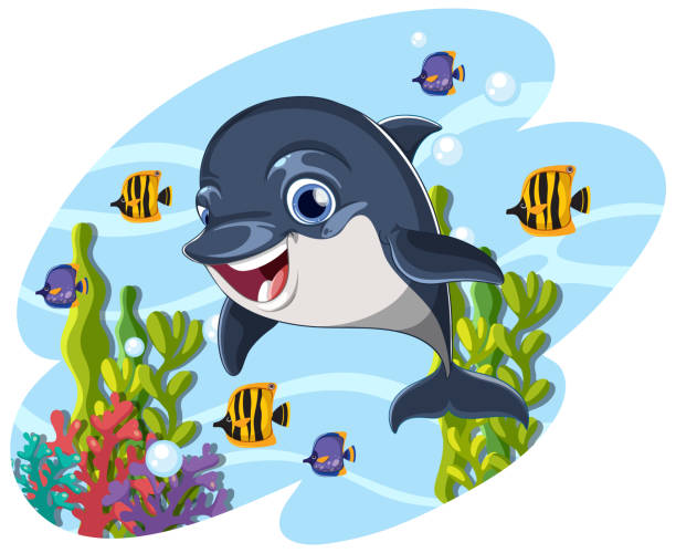 illustrazioni stock, clip art, cartoni animati e icone di tendenza di modello subacqueo delfino felice isolato - happy dolphin