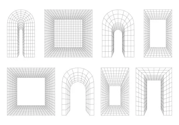 Vector illustration of Wireframe 3D arch, arc, portal, gate. Perspective rounded and rectangular shapes, distorted grid, 3D Technology Mesh. Abstract architecture arch. Set of Brutal graphic design elements.