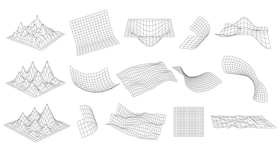 3D Glitch rectangle plane set. Distorted perspective grid collection. Abstract Wavy futuristic design elements. Ripple wireframes net. Vector geometric line mesh, square structure grid.