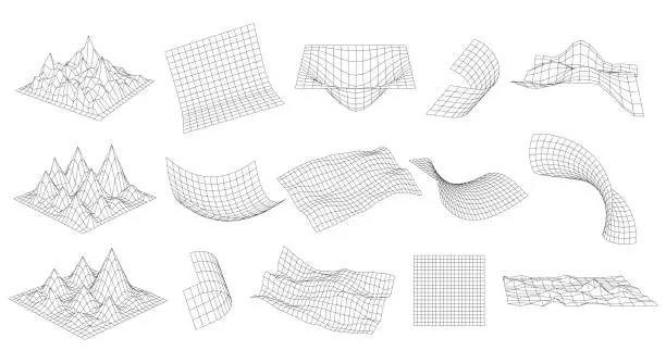 Vector illustration of 3D Glitch rectangle plane set. Distorted perspective grid collection. Abstract Wavy futuristic design elements. Ripple wireframes net. Vector geometric line mesh, square structure grid