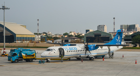 Saigon, Vietnam - May 5, 2018. Passenger airplanes docking at Tan Son Nhat Airport (SGN) in Saigon (Ho Chi Minh), Vietnam.