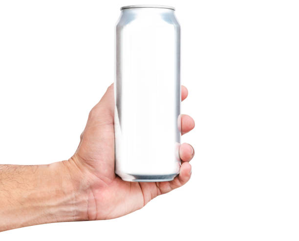 istock Hand hold mockup shiny aluminum can isolated on white background with clipping path 1498894347