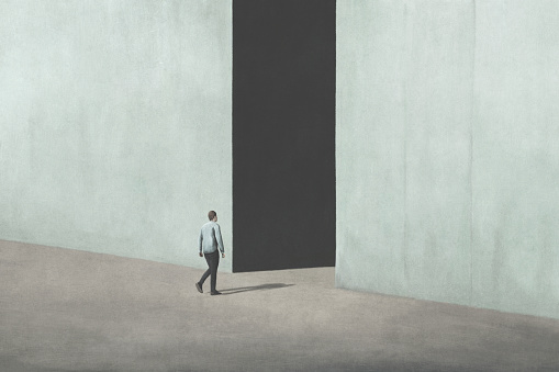 Illustration of man entering in a dark alley, abstract concept