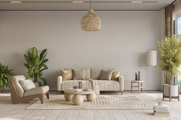 istock Cozy home interior in light pastel colors with hardwood flooring. Wall mockup, 3d rendering 1498896807