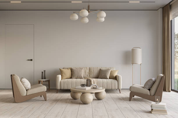 istock Cozy home interior in light pastel colors with hardwood flooring. Wall mockup, 3d rendering 1498896808