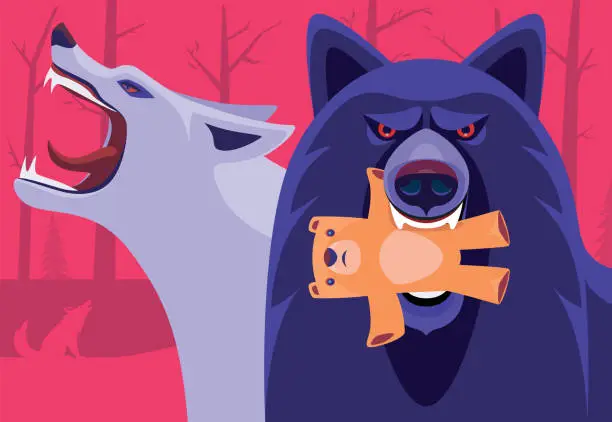 Vector illustration of anger wolf biting teddy bear