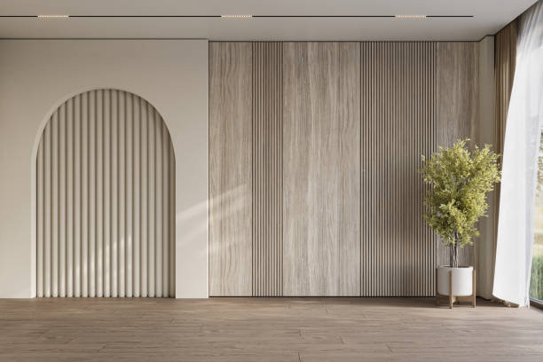 istock Cozy home interior in light pastel colors with wood wall panels and arch, 3d rendering 1498898596