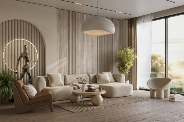 istock Cozy home interior in light pastel colors with wood wall panels and arch, 3d rendering 1498898606