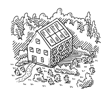 Hand-drawn vector drawing of a House Green Garden Ecology. Black-and-White sketch on a transparent background (.eps-file). Included files are EPS (v10) and Hi-Res JPG.