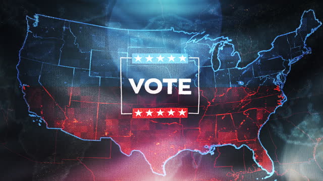Vote - USA Election. Waving flag with USA map and Election Message. Slow motion CGI 3D render