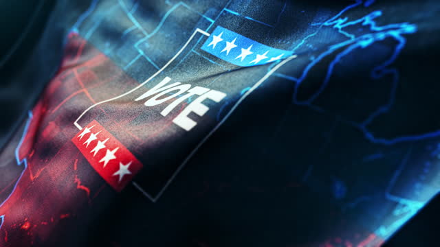 Vote - USA Election. Waving flag with USA map and Election Message. Slow motion CGI 3D render