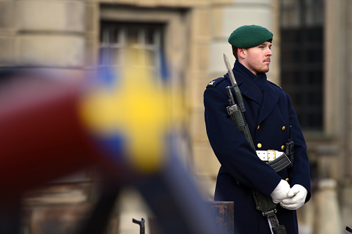 Stockholm, Sweden - June 26, 2023: Changing of the Guard ceremony at the Royal Palace in Stockholm, Sweden