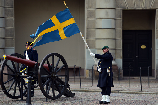 Copenhagen, Denmark, September 21, 2021: Traditional changing of guards at noon in front of  the royal palace of Amalienborg.
