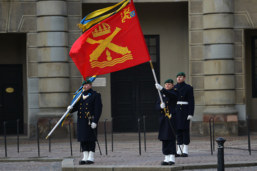 The change of the guard is normally a popular event but due to the Covid-19, the square is almost empty. The royal palace Amalienborg in Copenhagen consists of four almost identical buildings which are homes for different parts of the royal family. The buildings are constructed in the period 1750-1760 and where originally used for well off families but after the burn of Christiansborg they where acquired for royal use in 1794