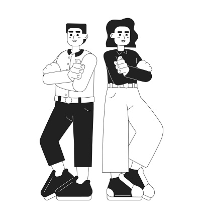 Business partners monochromatic flat vector characters. Strategic startup partnership. Alliance. Editable thin line full body people on white. Simple bw cartoon spot image for web graphic design