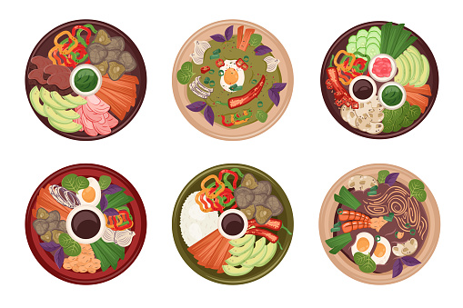 Set of Asian national dish top view. Japanese Food isolated. Chinese meal with meat, shiitake mushrooms, vegetables. Vector flat illustration for menu, delivery, cafÃ©, restaurant. Cooking concept
