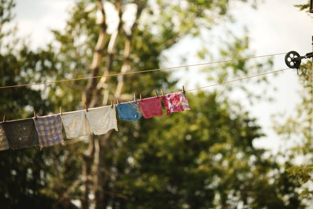 istock Fresh laundry hanging on a wire against green trees in Ontario, Canada 1498904177