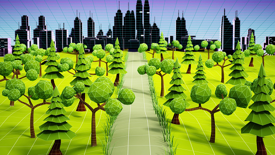 Stylized forest with low-poly trees with a road leading to the futuristic city. Metaverse background concept. Metaverse background concept.