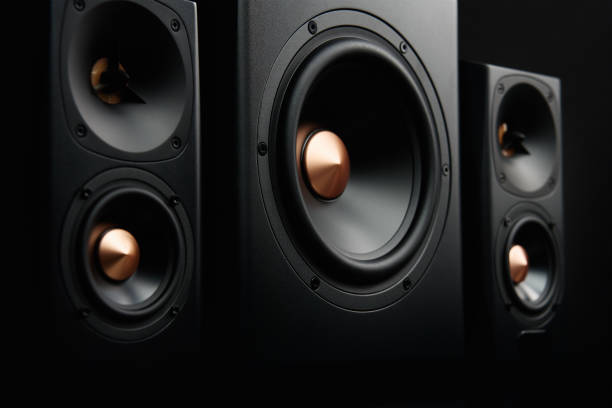 istock Sound audio system with two satellites and subwoofer on dark background. 1498905639