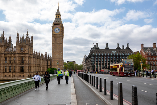 London, UK - 6 June 2023: Daytime view of Westminster Bridge, Houses of Parliament and Big Ben.