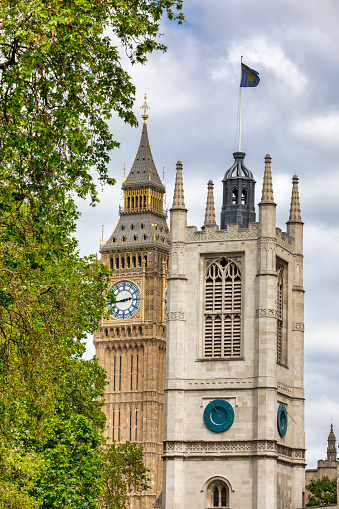 London, United Kingdom - June 65, 2023: A close-up view of London's popular monument. Clock tower known around the world as Big Ben